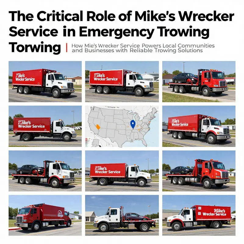 A collage showing different scenes from Mike's Wrecker Service, including emergency towing and community support activities.