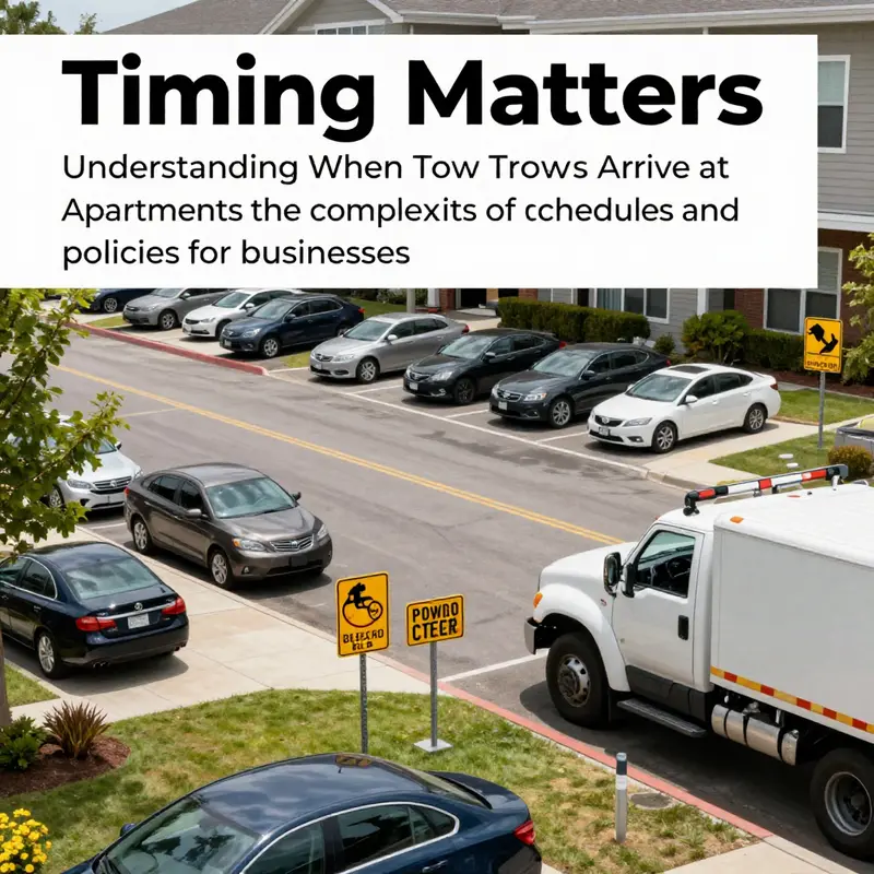 A wide shot of an apartment complex highlighting parking areas, towing signs, and the presence of a tow truck.