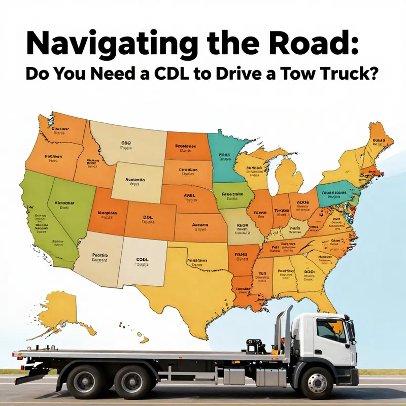 Tow truck featuring a notice on CDL requirements, highlighting the regulations for driving such vehicles.