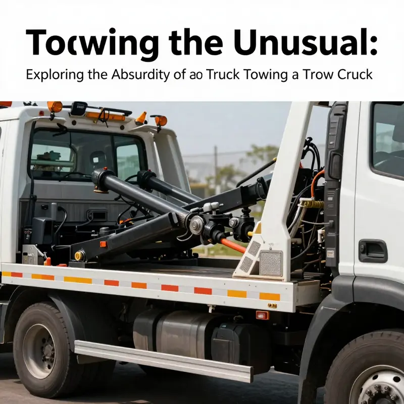 A quirky scene of a tow truck engaging in the absurd task of towing another, creating a comedic moment in urban life.