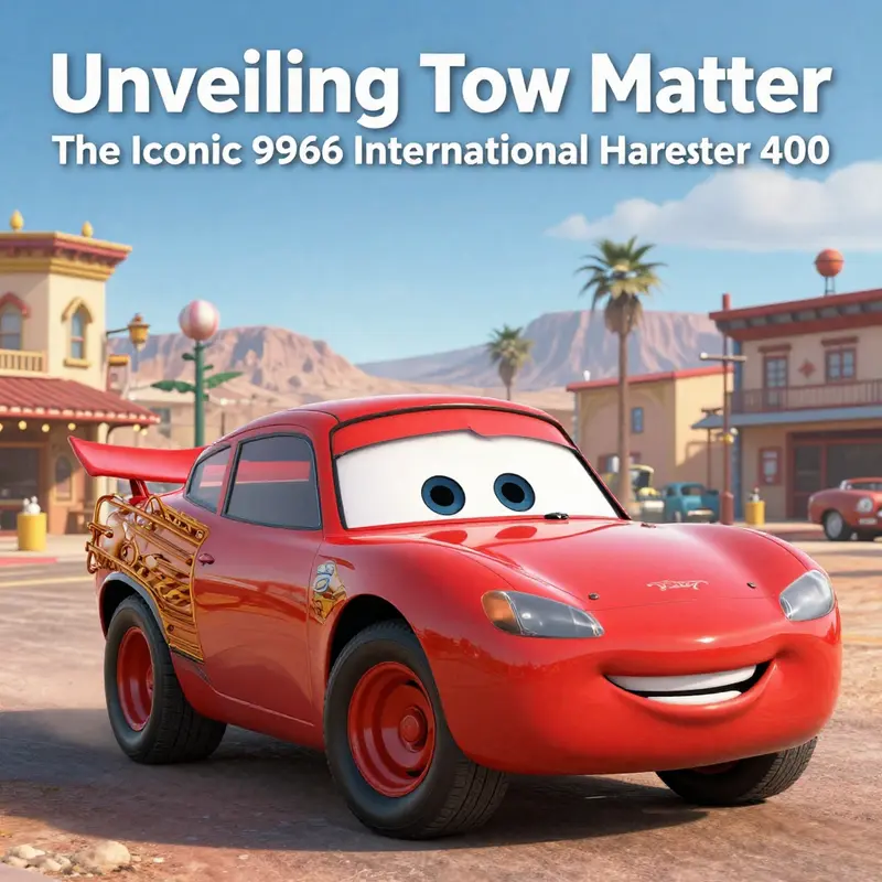 Tow Mater, the iconic tow truck, set against the vibrant backdrop of Radiator Springs.