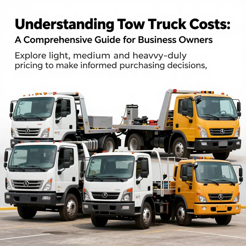 A collage of light, medium, and heavy-duty tow trucks parked in a lot, conveying their diverse applications in towing.