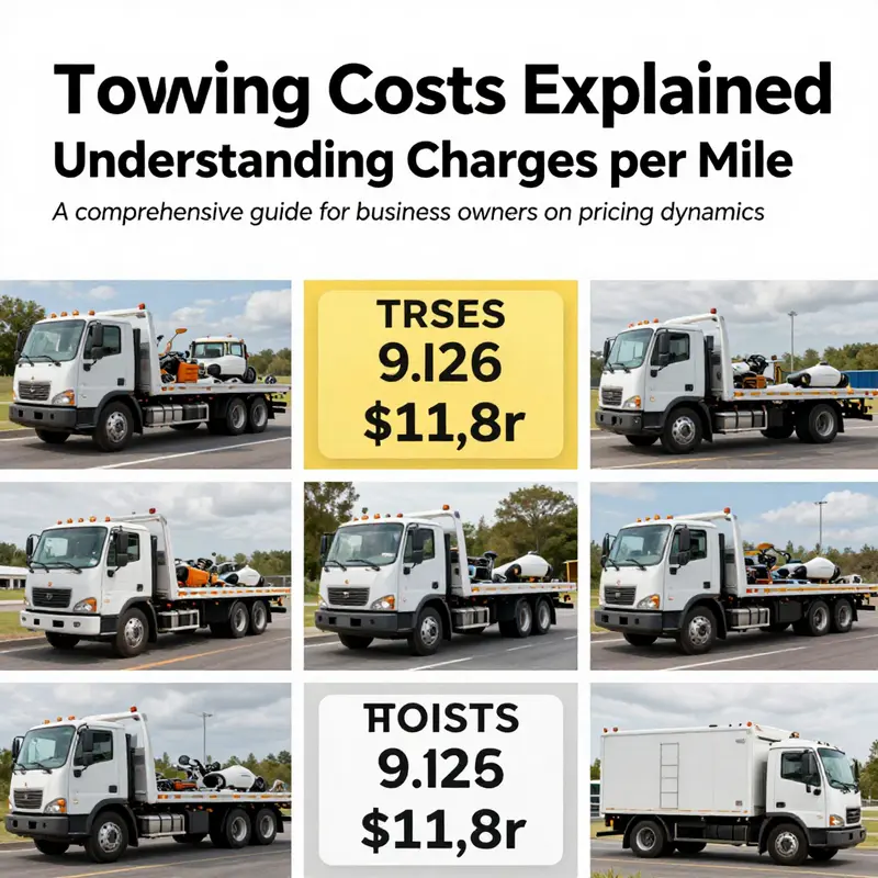 A collage of various tow trucks on the road with price tags, representing how much tow trucks cost per mile.