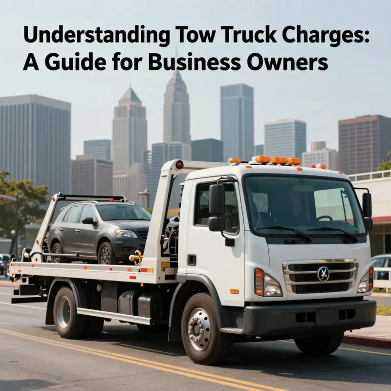 A tow truck in action with a city skyline in the background.