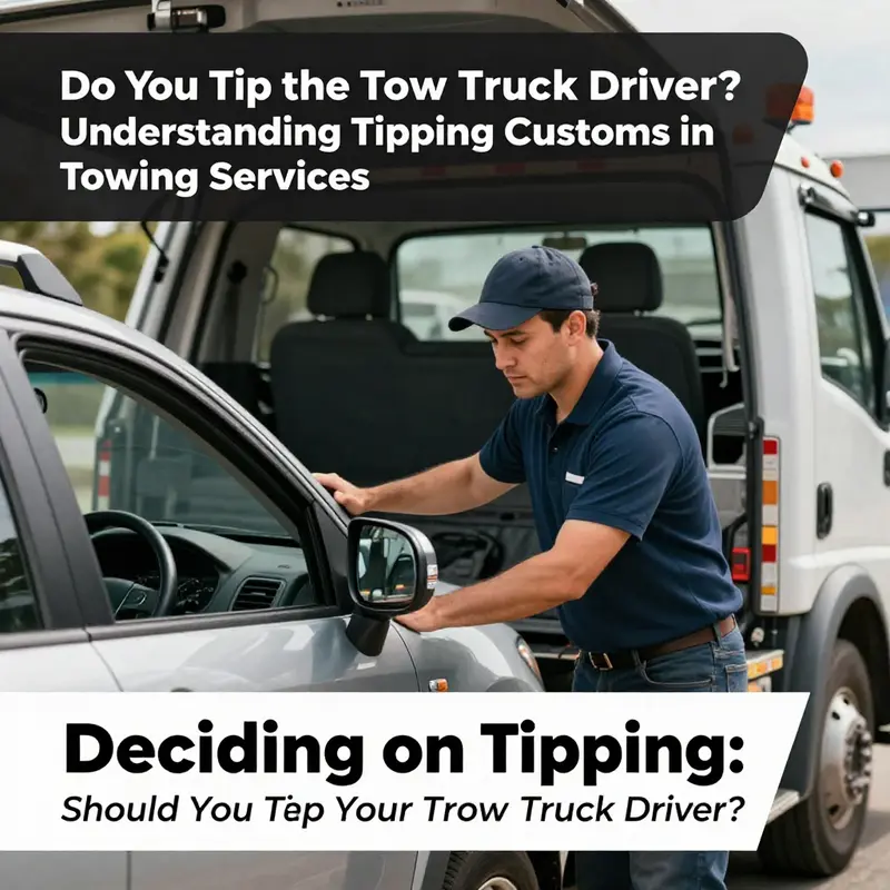 A tow truck driver providing help to a stranded motorist, emphasizing courteous service.