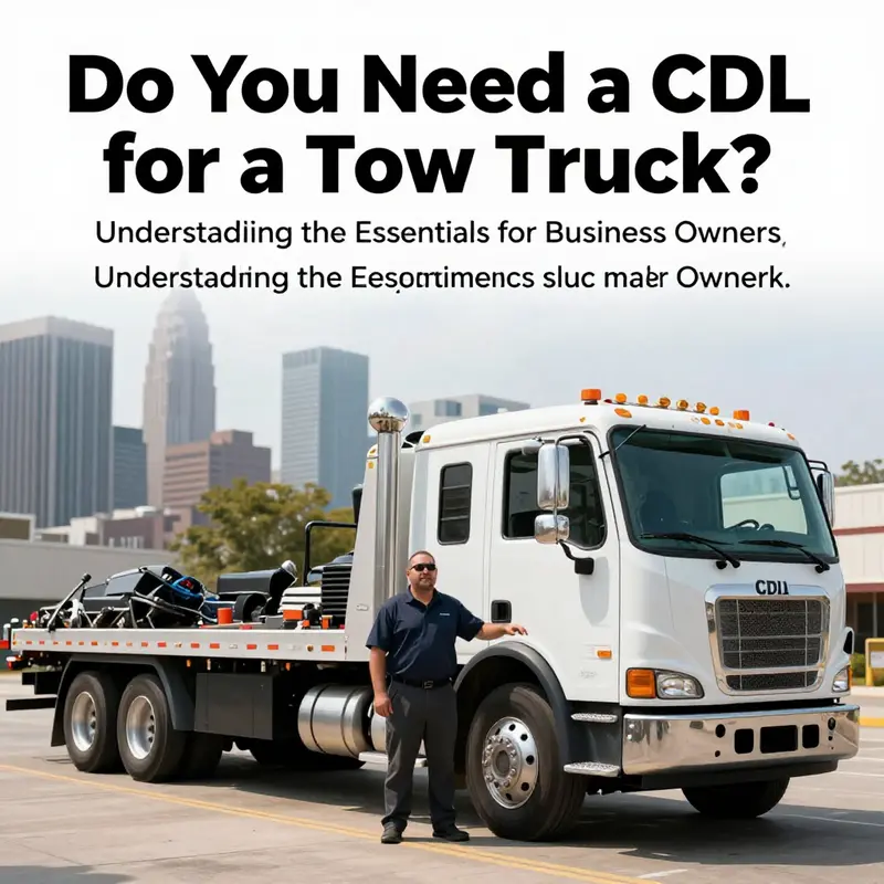 A tow truck operator with their truck in front of a city skyline, highlighting the professional towing services.