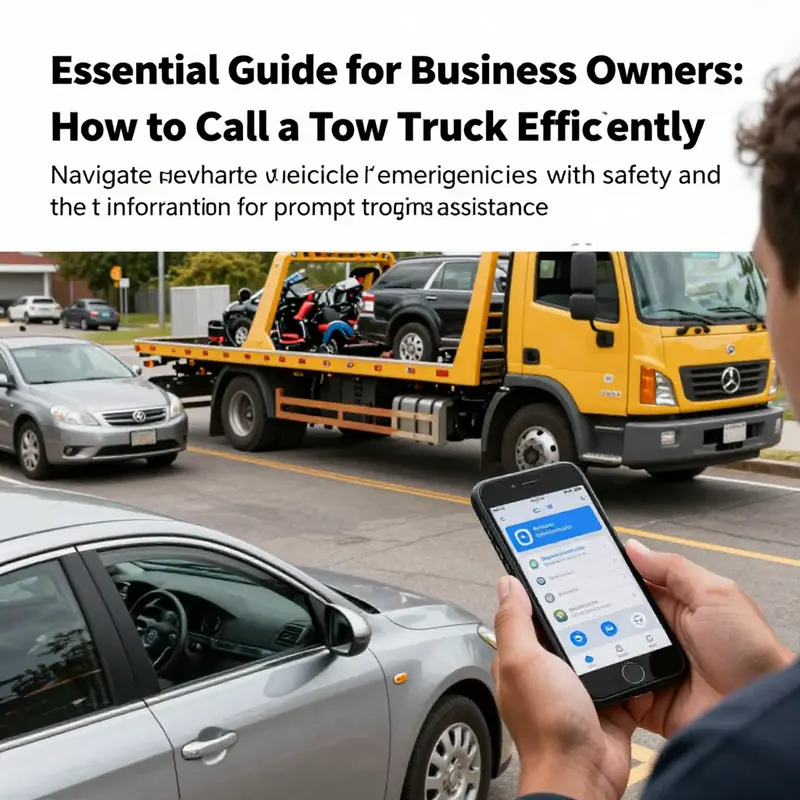 An overview of towing procedures including a truck in action, ensuring vehicle safety, and a business owner preparing to call.