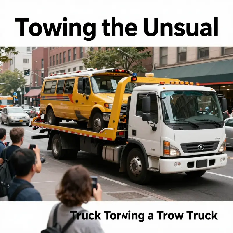 A quirky scene of a tow truck engaging in the absurd task of towing another, creating a comedic moment in urban life.