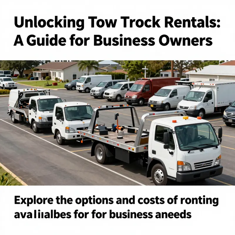 A diverse selection of tow trucks in a rental lot, ready for business use.