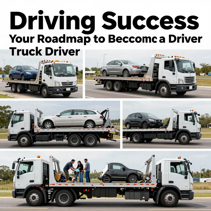 Collage depicting multiple tow trucks assisting in roadside services.