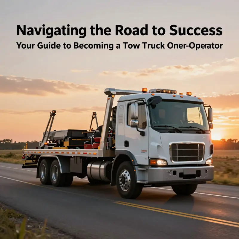 A tow truck on a vibrant road at sunset, representing the journey towards successful ownership in the towing industry.
