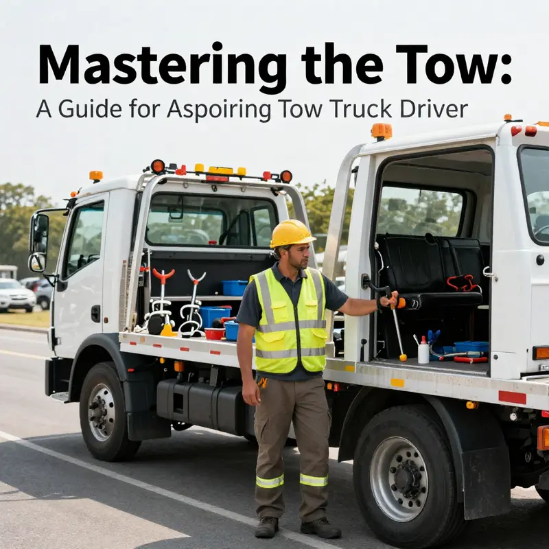 A tow truck driver demonstrating the essential equipment and safety gear required for the job.