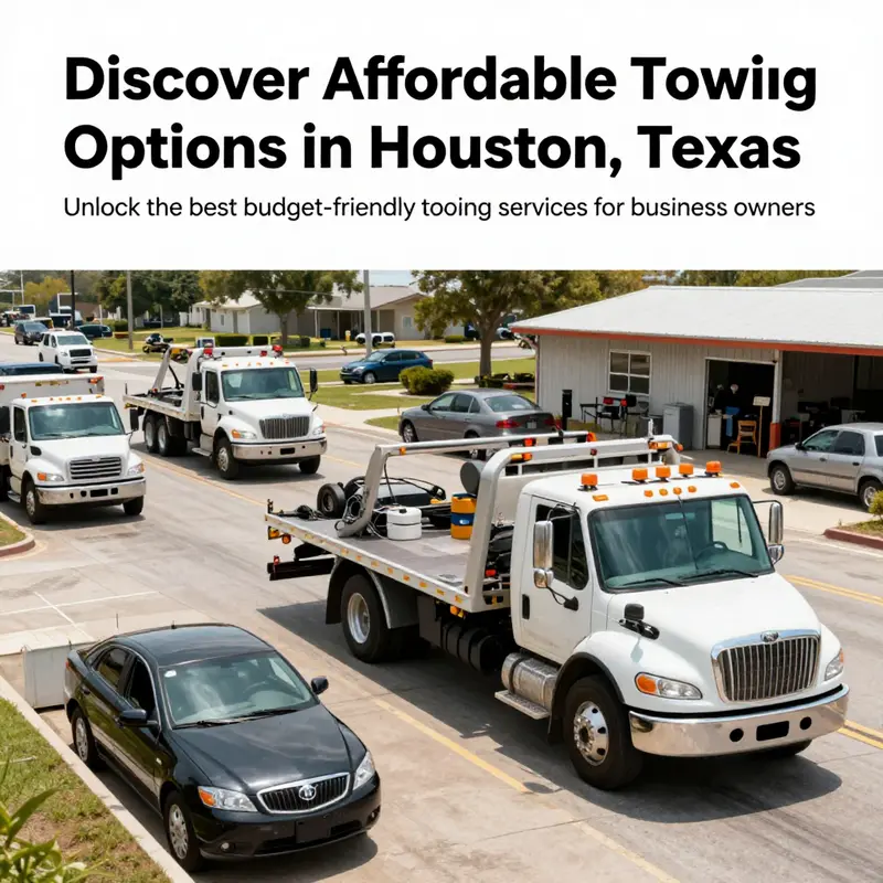 A busy towing company facility with multiple vehicles and personnel in Houston.