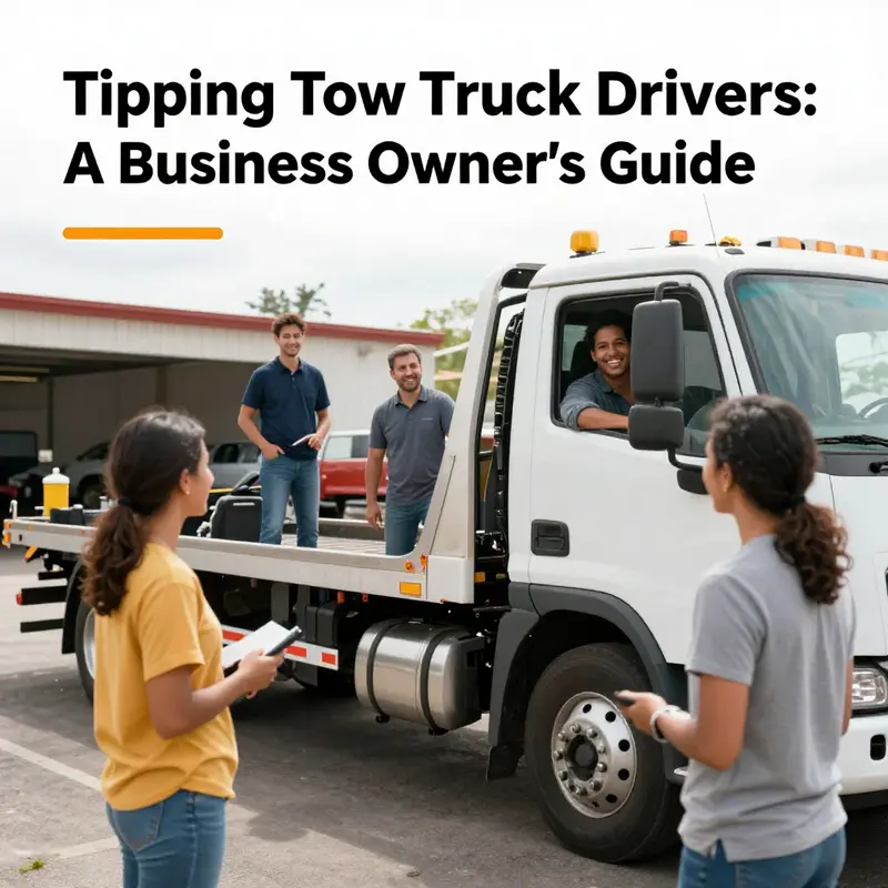 Smiling tow truck drivers and satisfied customers engaging in a positive environment at a towing service yard.
