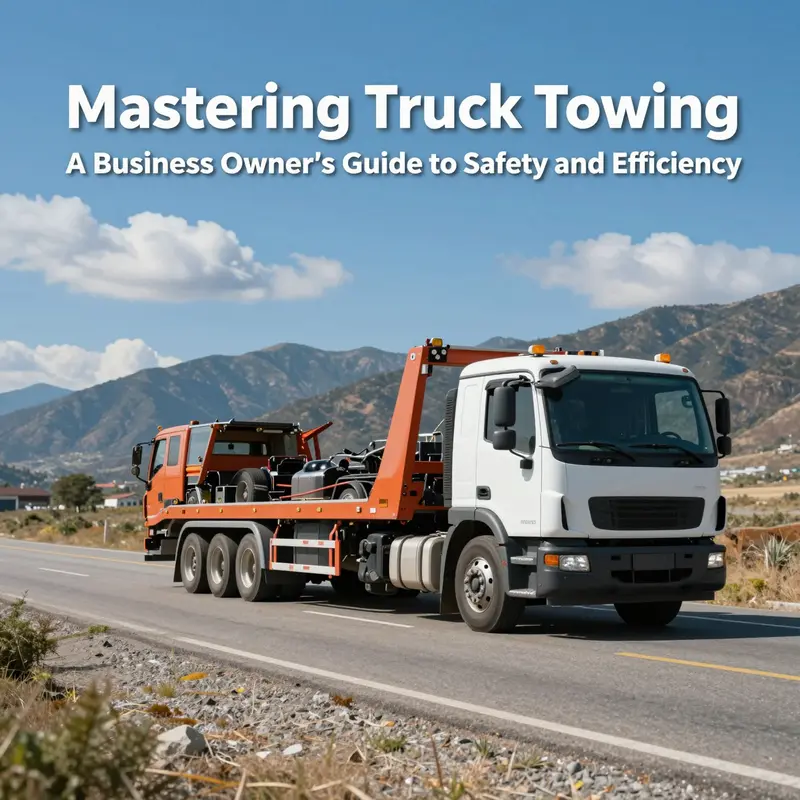A towing vehicle pulling a truck on a scenic road, illustrating safe and effective towing practices.