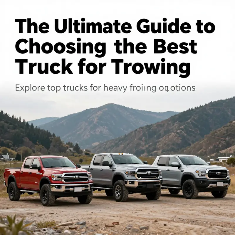 A diverse selection of trucks suitable for towing, displayed against a picturesque mountain landscape.