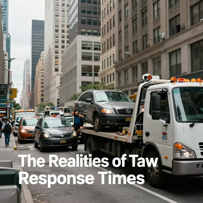 An urban tow truck responding quickly to a roadside emergency.