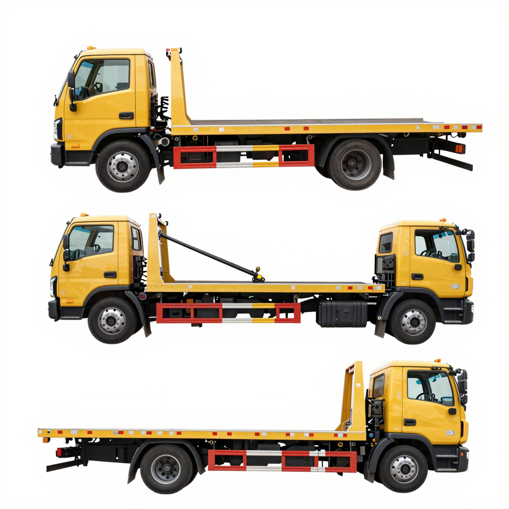 Types of tow trucks including flatbed, hook and chain, wheel-lift, and integrated tow trucks