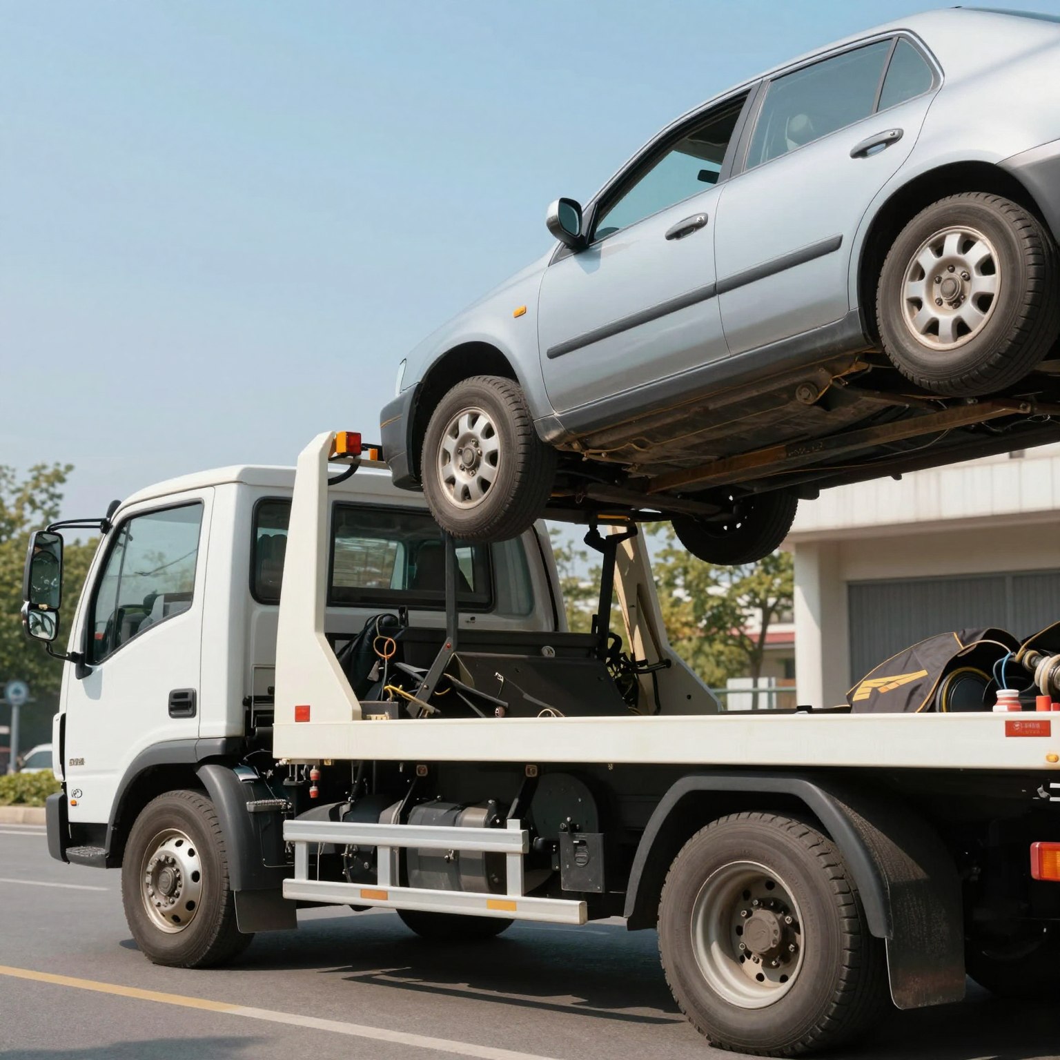 Tow truck in action lifting a vehicle