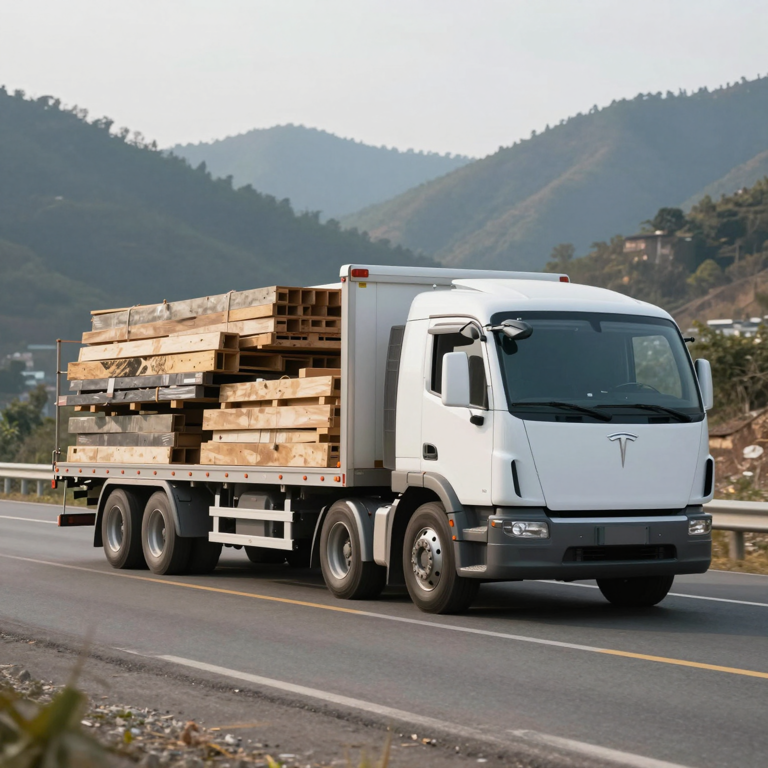 Tesla truck towing construction materials on a highway