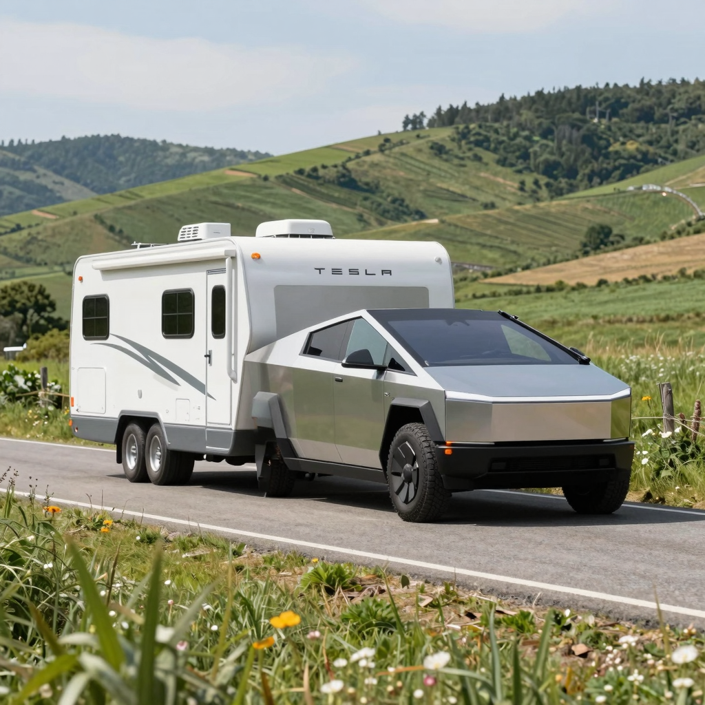 Tesla truck towing an RV in scenic countryside