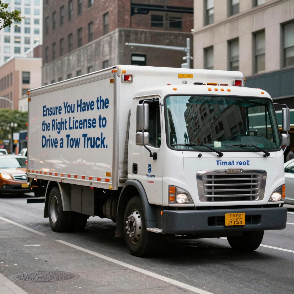 A professional tow truck on a busy city road with the caption 'Ensure You Have the Right License to Drive a Tow Truck'