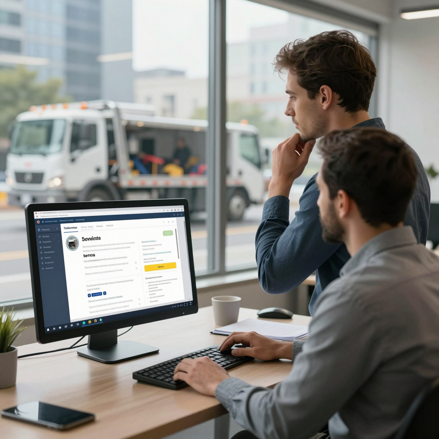 A thoughtful business owner considering towing services for their fleet. The scene shows a modern office with a computer displaying towing service options, a large window with a city view, and a towing truck outside, symbolizing reliability and prompt service.