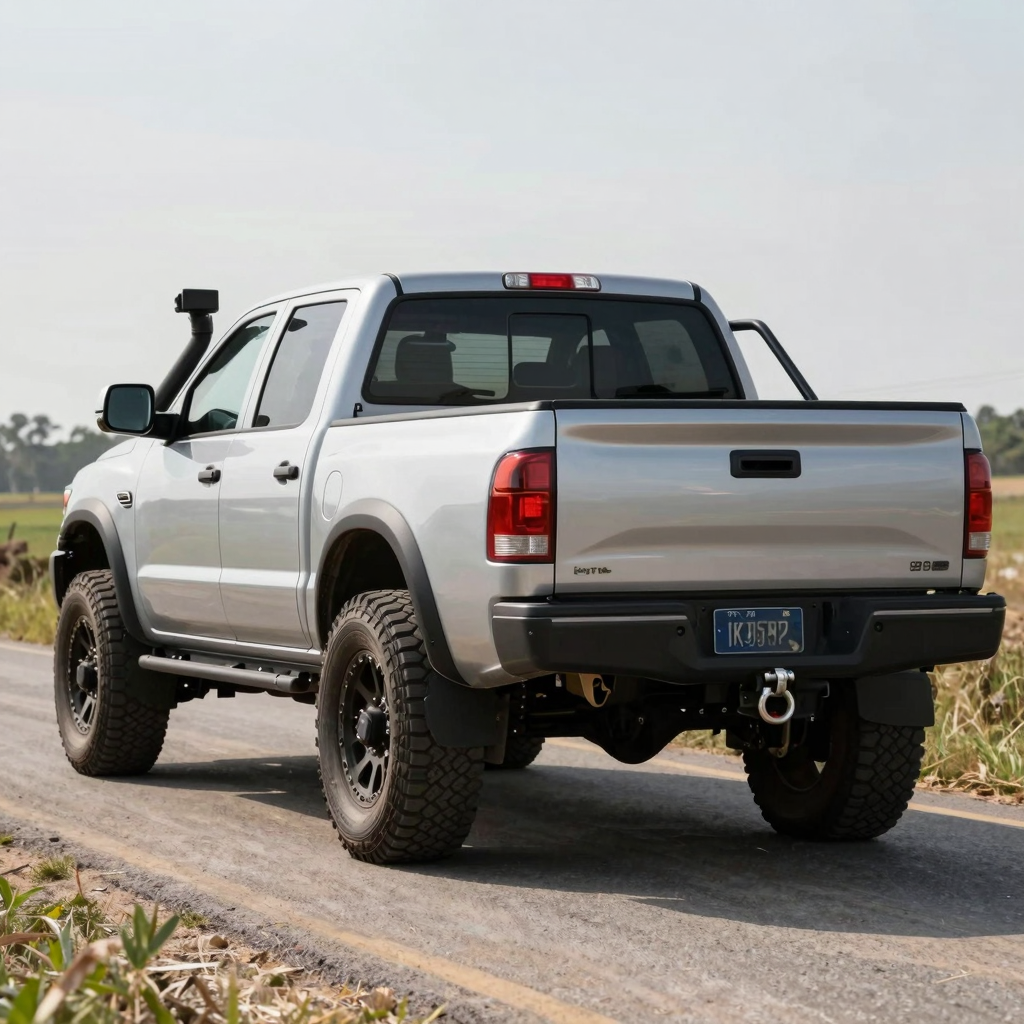 A lifted truck equipped for towing with tow hooks and a trailer hitch on a countryside road.