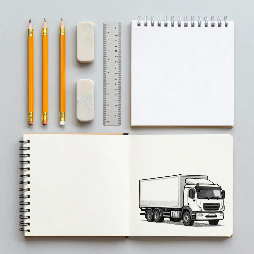 Visual representation of drawing tools for illustrating a tow truck