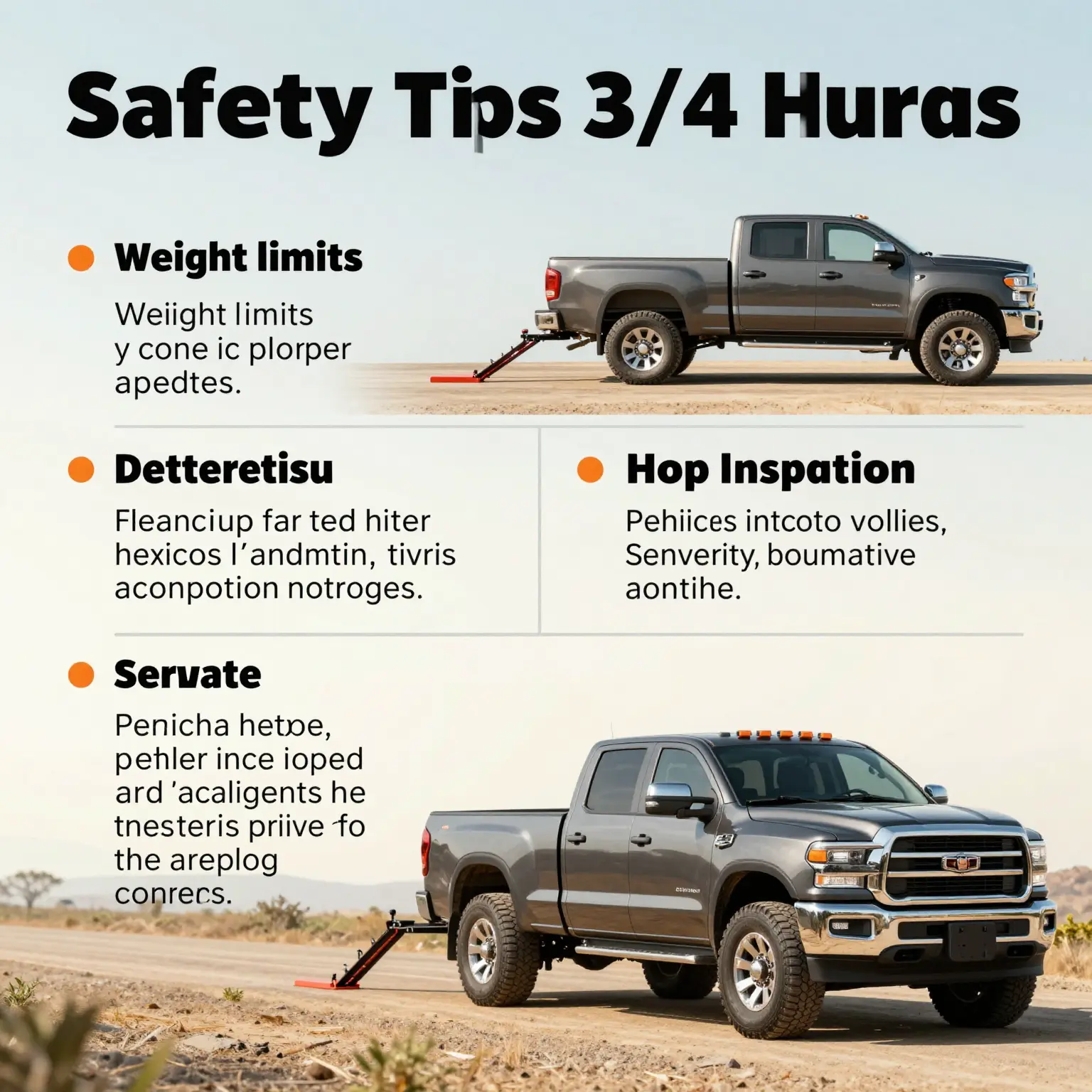 Safety tips for towing with 3/4 ton trucks, visually engaging infographic, featuring bullet points of key safety measures such as weight limits, proper hitch selection, vehicle inspection, and driving tips.
