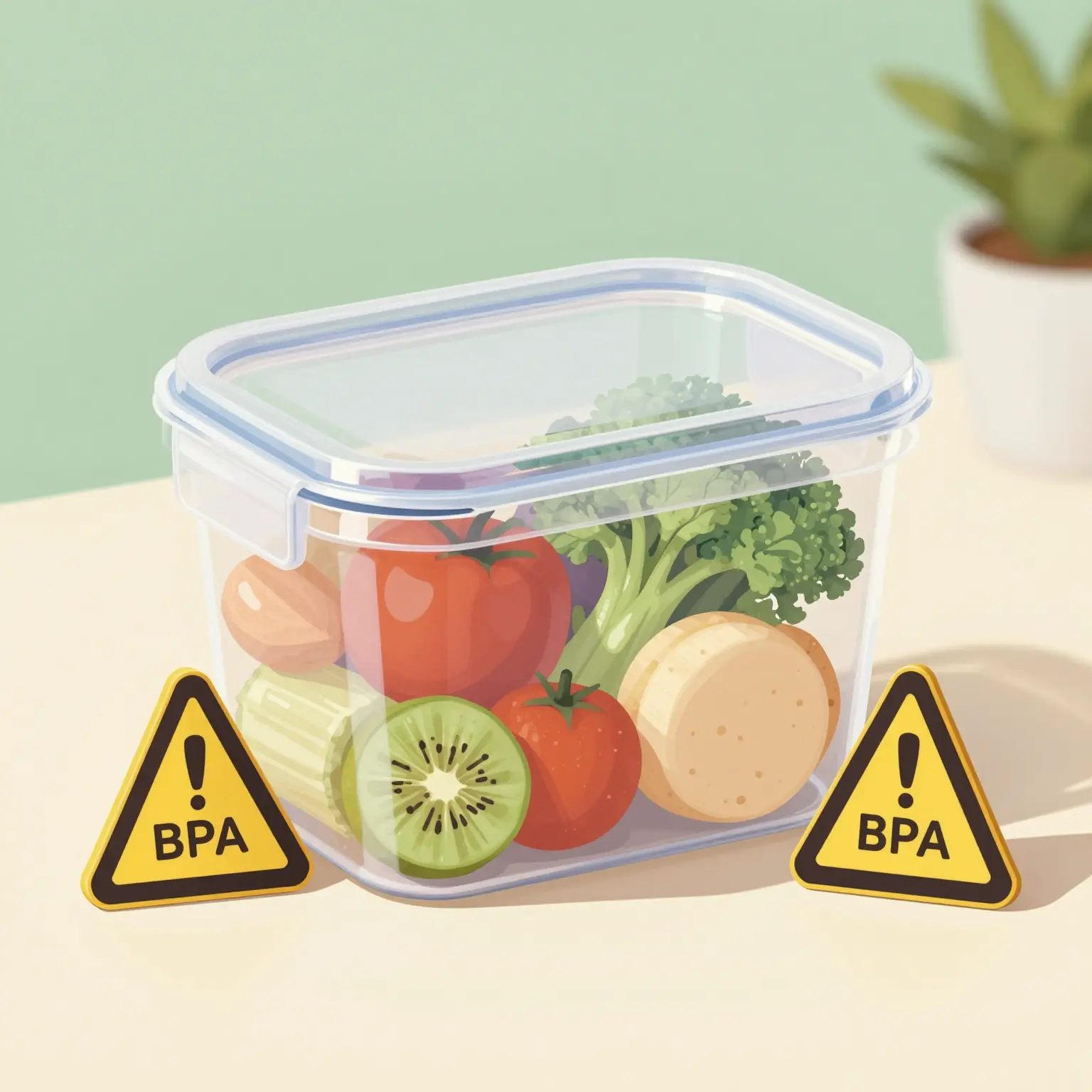 Illustration of health risks of BPA plastic containers, showcasing unhealthy food items in a BPA plastic container with warning signs.