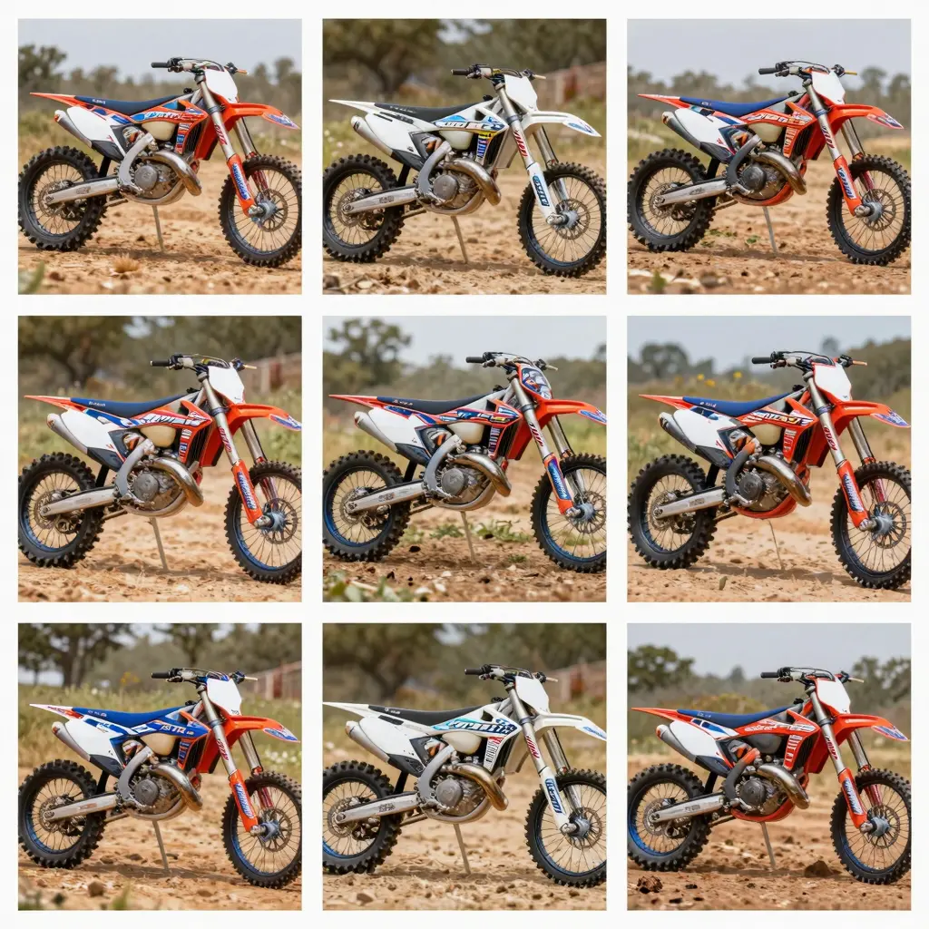 A visually appealing collage of various custom dirt bike graphics showcasing popular designs such as vibrant colors, intricate patterns, and brand logos.