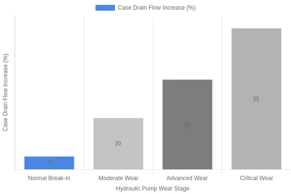 Case drain flow increase versus hydraulic pump wear stage, with a repair threshold line at 25 percent