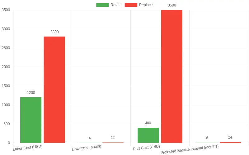 Grouped bar chart comparing cost and lifecycle outcomes of rotating versus replacing a tower crane wire rope, showing labor cost, downtime, part cost, and projected service interval