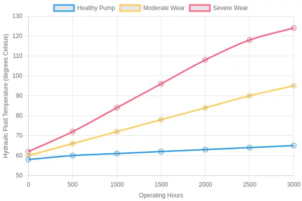 Line chart showing hydraulic fluid temperature rising over operating hours for a healthy pump versus moderate and severe pump wear