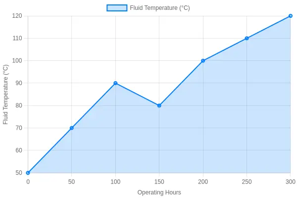 Line chart showing hydraulic fluid temperature rising over operating hours, with a temporary dip after an oil change that is quickly overtaken by the original rising trend