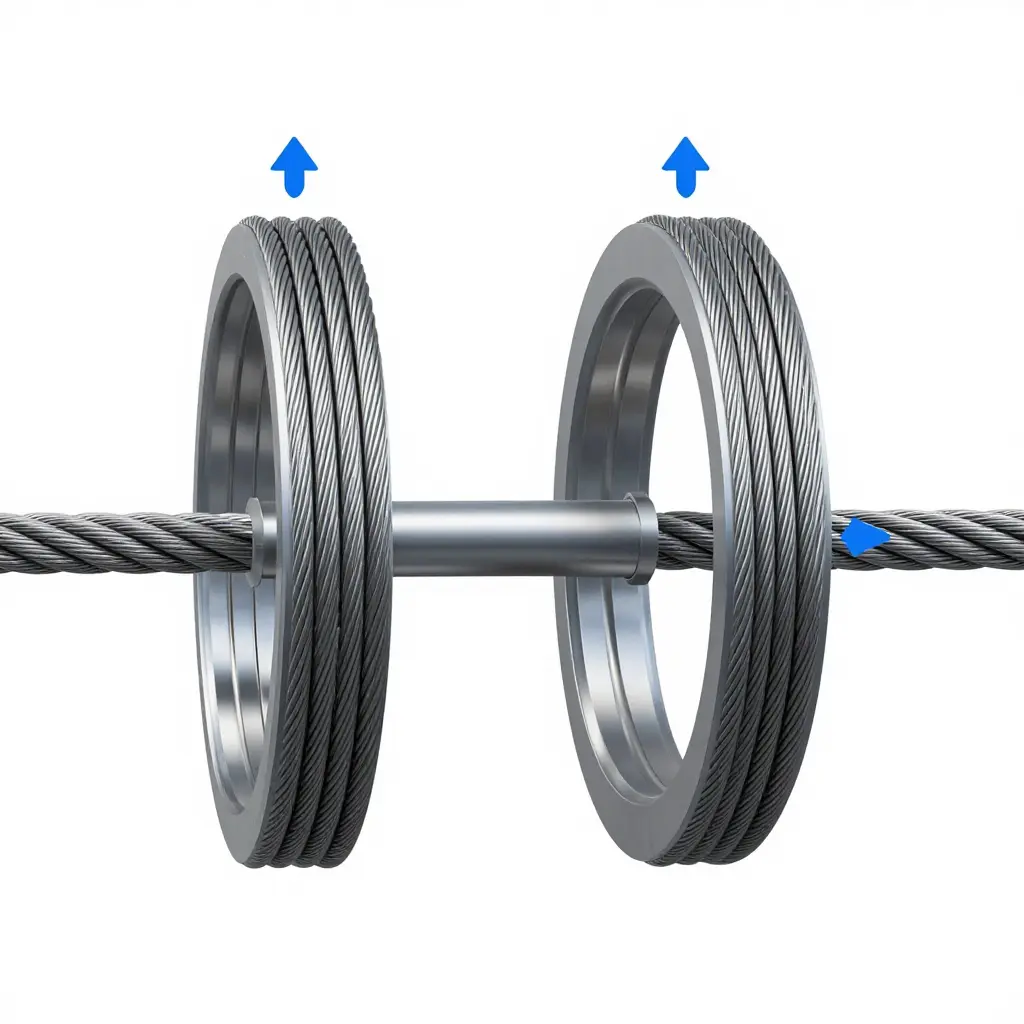 Diagram of tower crane wire rope construction showing strands, core, and lay direction