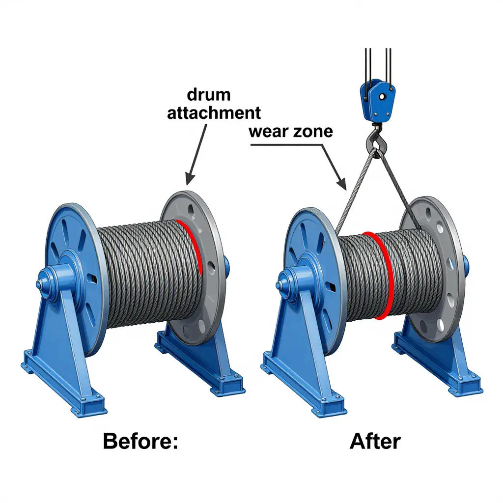 Technical illustration of a tower crane hoist drum showing a wire rope rotated end-for-end, with the drum attachment and wear zone highlighted before and after repositioning