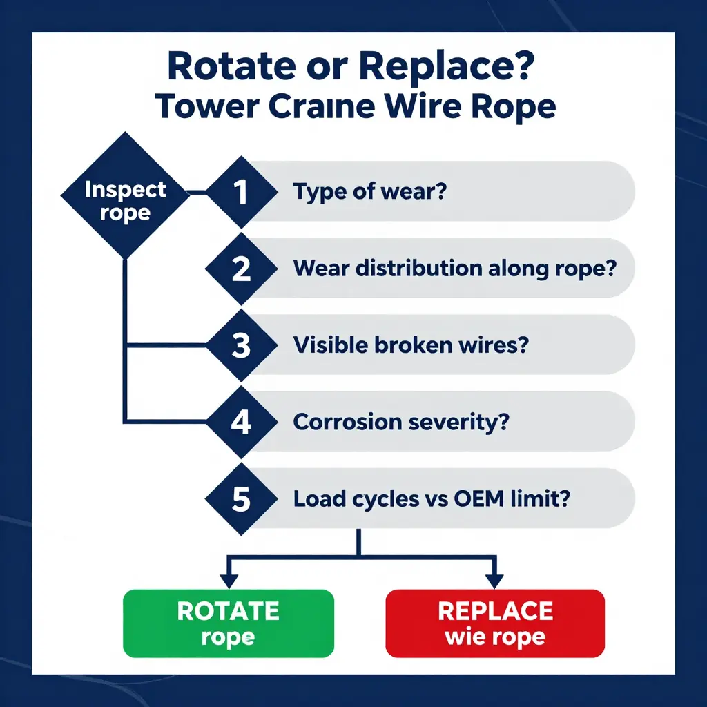 Flowchart of the rotation versus replacement decision process for tower crane wire rope