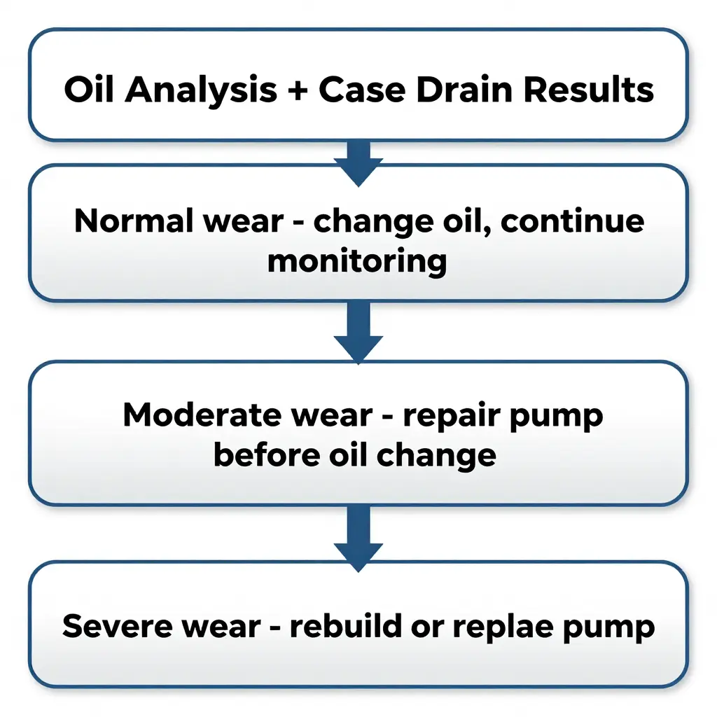 Decision flow diagram linking oil analysis and case drain results to changing oil, repairing, or replacing a hydraulic pump