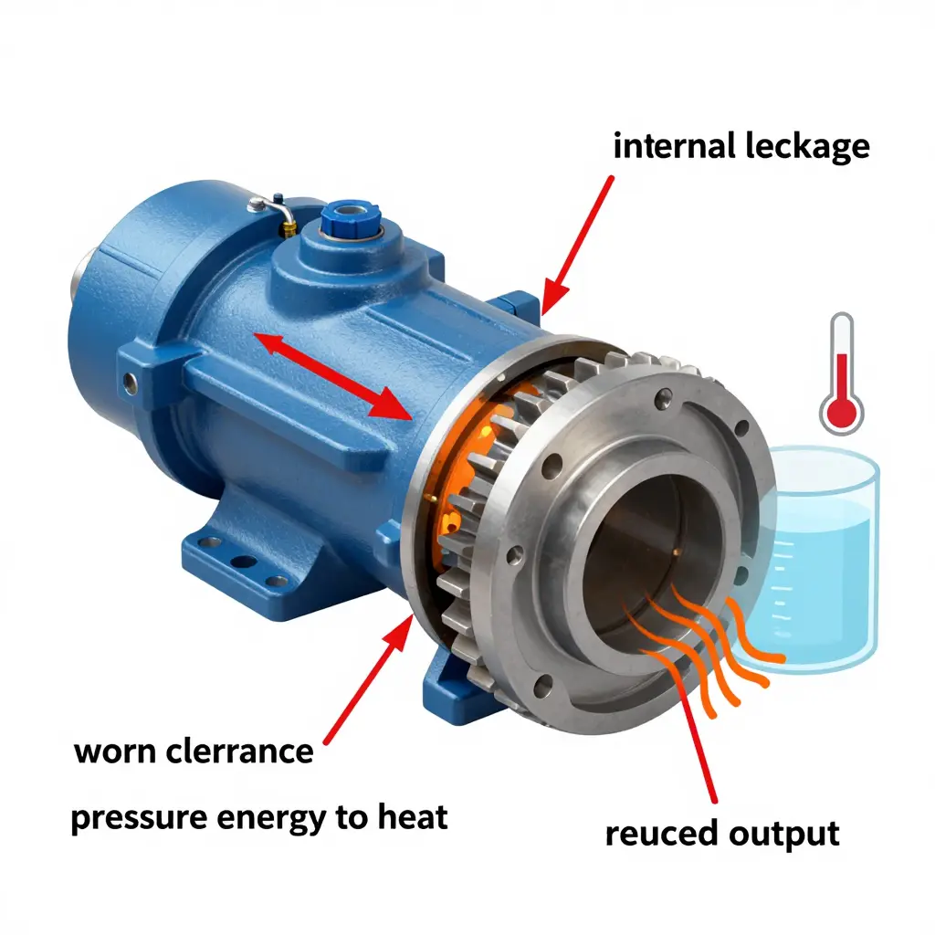Cutaway diagram of a hydraulic pump showing worn clearances, internal leakage arrows returning fluid to the low-pressure side, and heat building in the oil