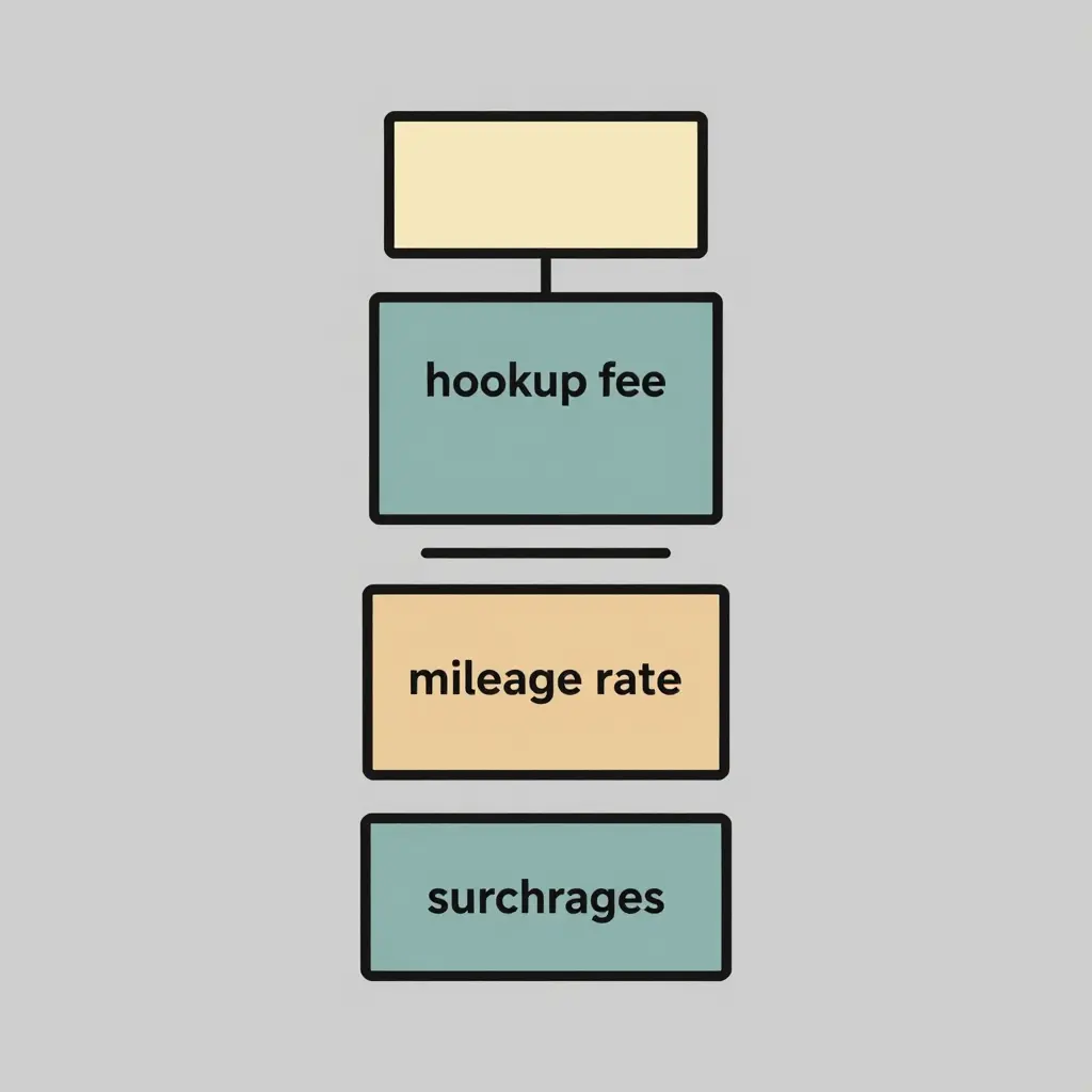 A flat 2D diagram showing a tow bill assembled from stacked components - base rate, hookup fee, mileage rate, and surcharges - with a small advertised price forming only one segment of the much taller total column.