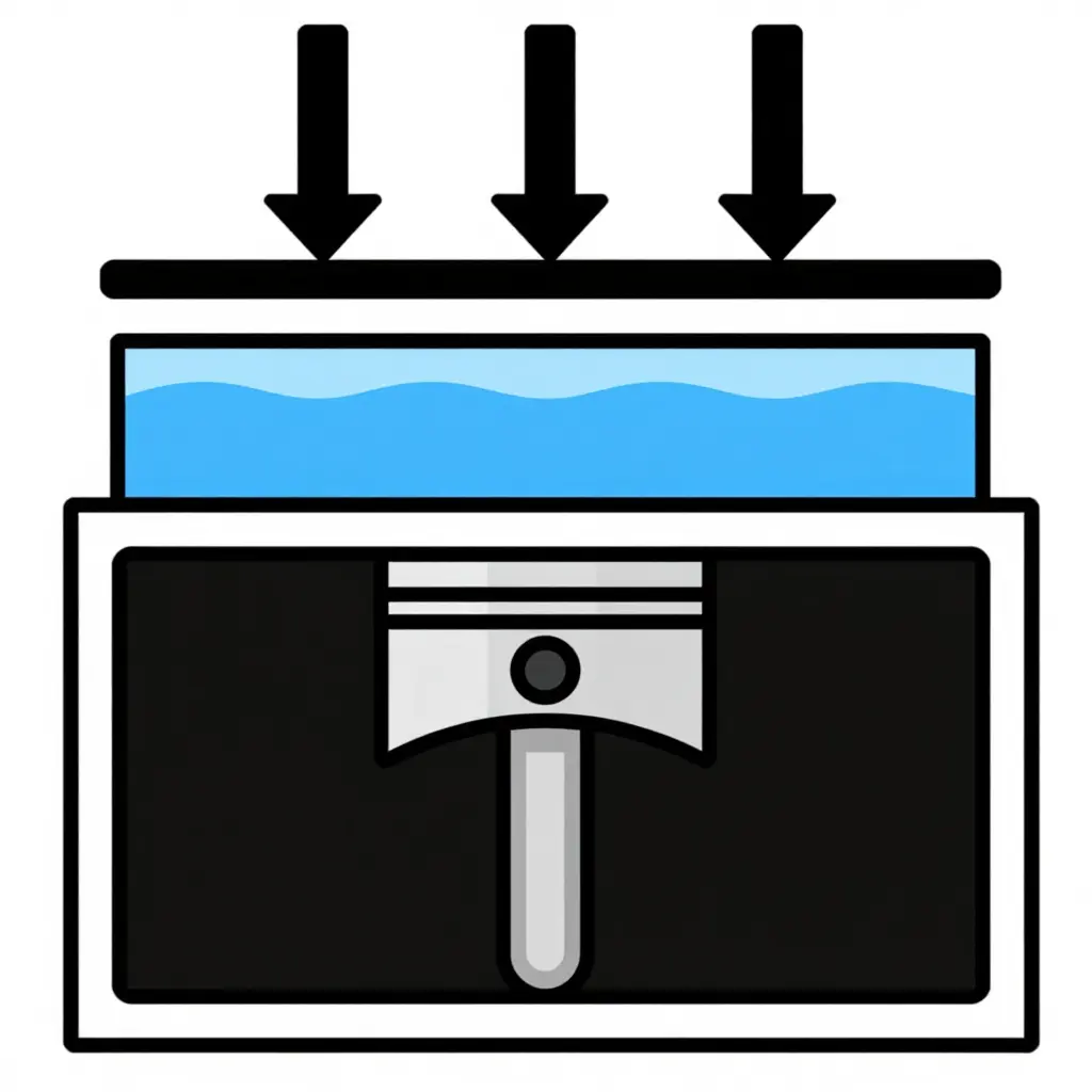 Flat vector cross-section diagram of an engine cylinder showing a piston partway through its stroke with a layer of water above it and downward arrows indicating a blocked upward compression stroke, illustrating the principle of hydrostatic lock