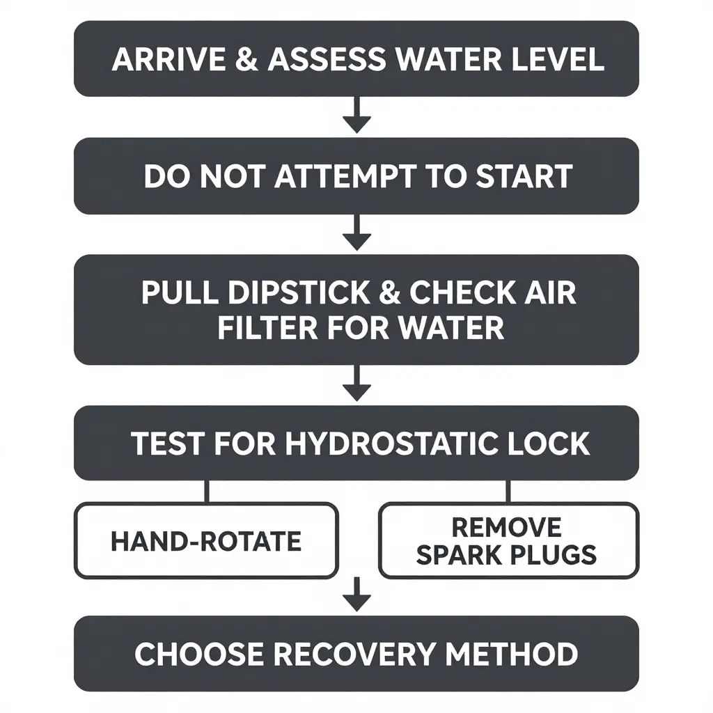 Top-to-bottom flowchart of a tow operator's pre-pull inspection sequence for a submerged vehicle: arrive and assess water level, do not attempt to start, pull the dipstick and air filter to check for water, test for hydrostatic lock by hand-rotating or by removing spark plugs, then choose the recovery method.
