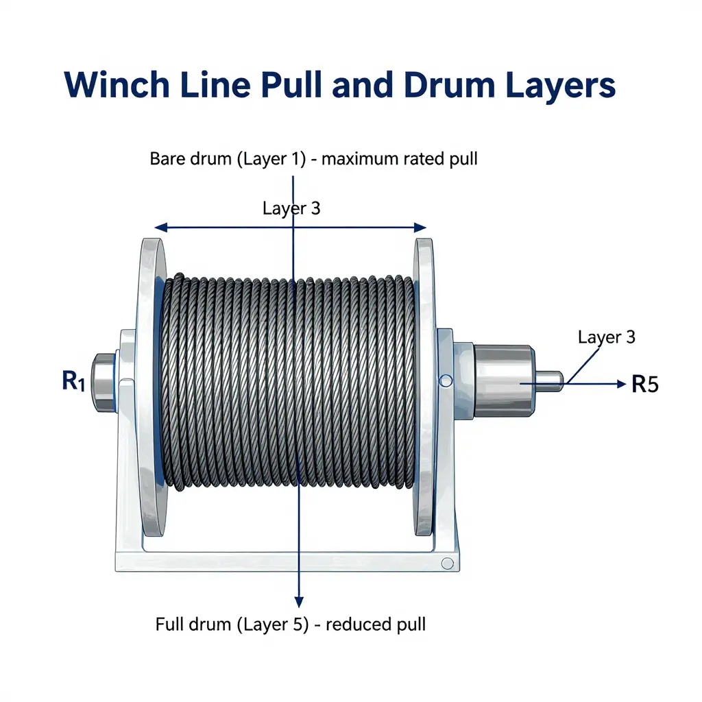 Winch drum cross-section showing drum layers, effective radius, and fleet angle