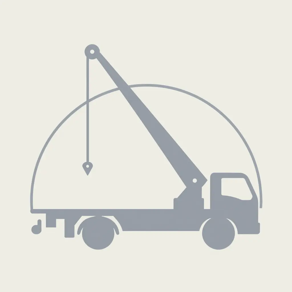 Flat vector schematic showing a recovery truck in profile, a radial boom load arrow along the boom axis, a horizontal winch line pull arrow through a sheave at the boom tip, and a curved load moment arc at the boom pivot