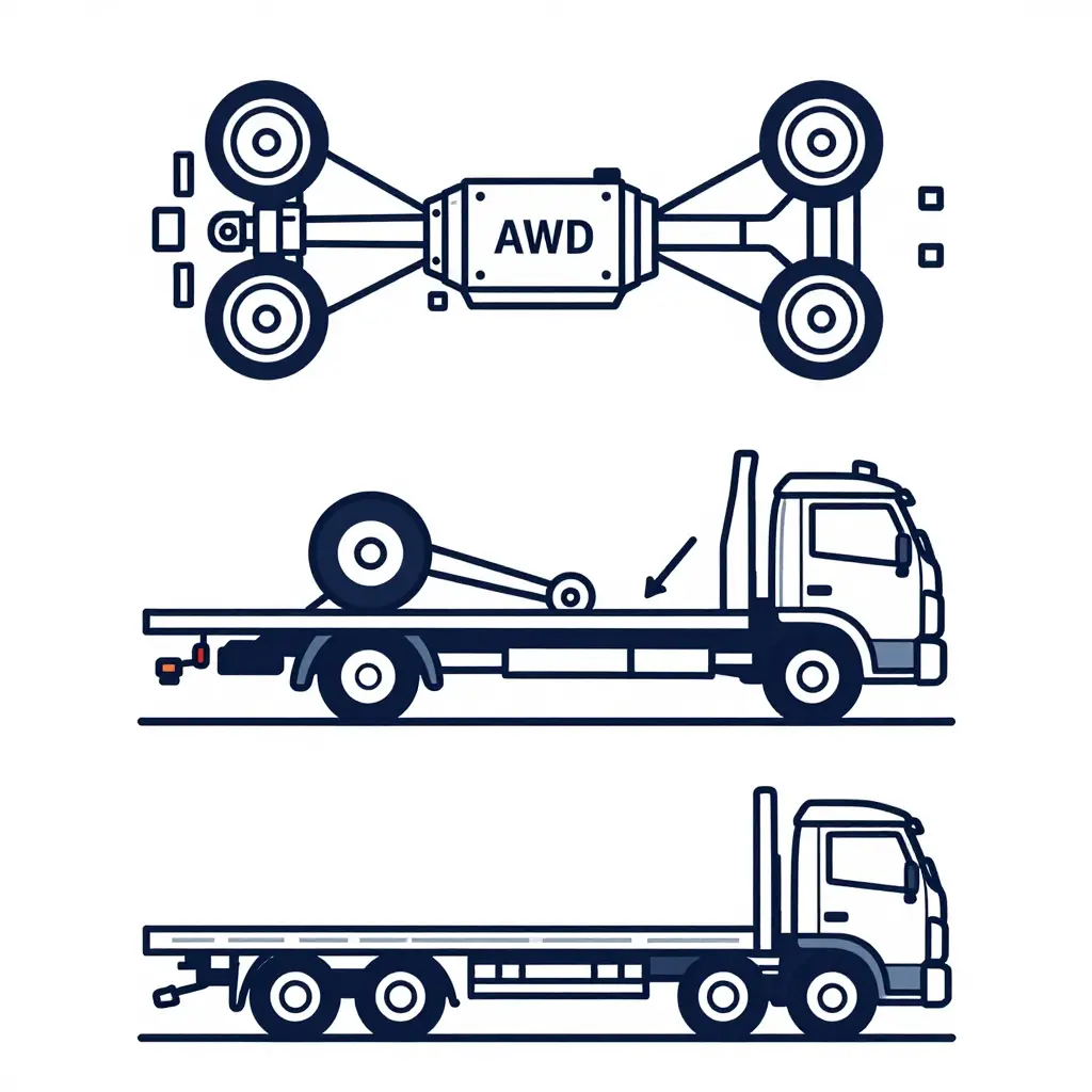 Two-dimensional schematic comparing wheel-lift towing of an AWD vehicle against flatbed recovery