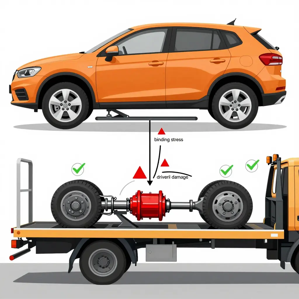 Technical diagram of an AWD car on a wheel lift, showing torque binding through the transfer case and center differential, beside a flatbed towing inset.