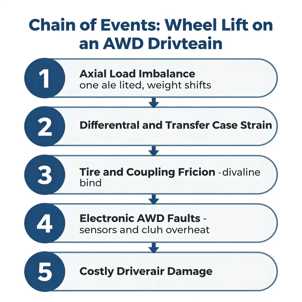 Diagram of the chain of events when a wheel lift is used on an AWD drivetrain