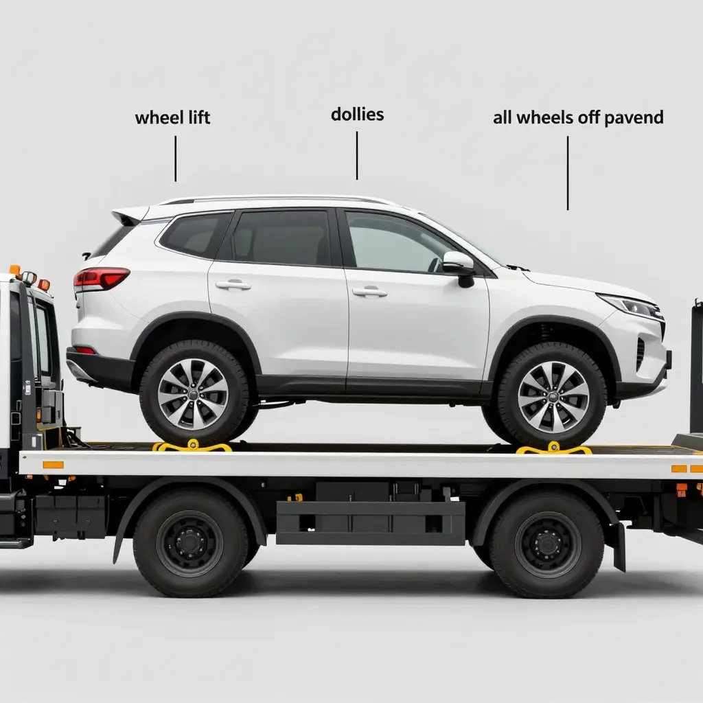 Technical side-view diagram of an AWD SUV on a wheel lift tow truck with its raised wheels supported by yellow dollies, keeping all four tires off the pavement